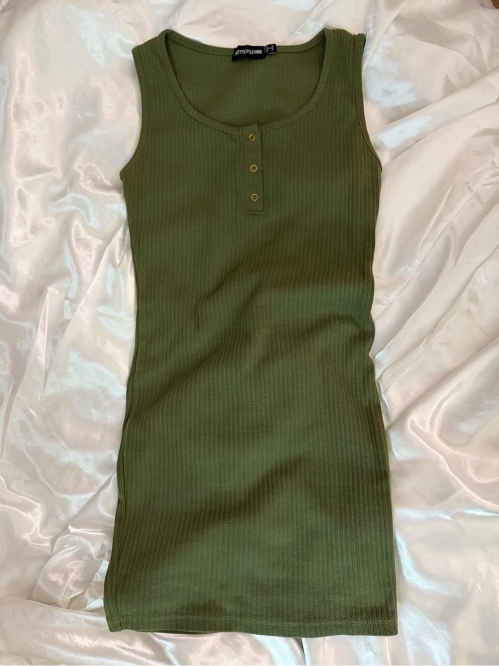 PrettyLittleThing Olive Ribbed Henley Tank Dress